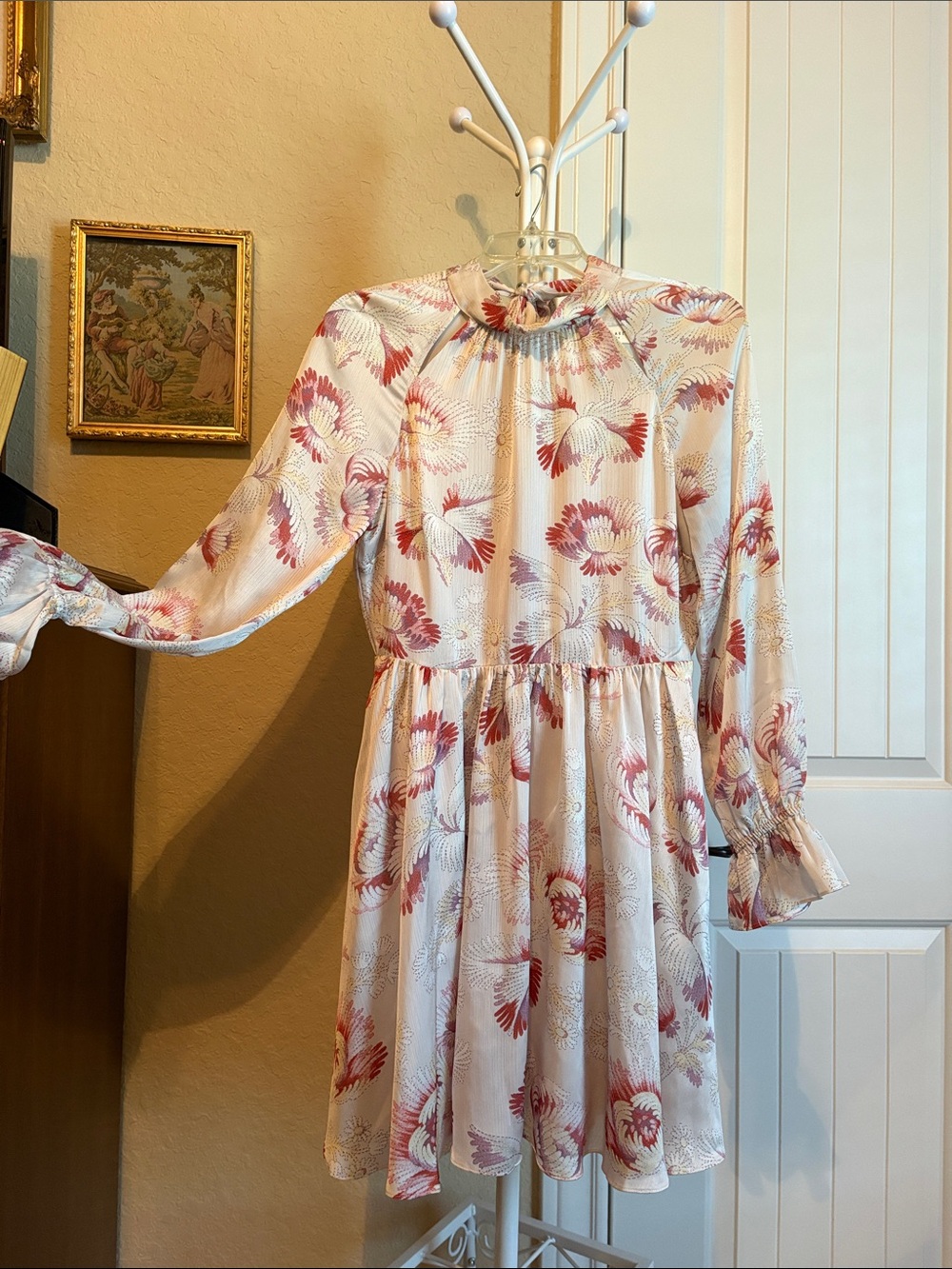 Ted Baker Ladies Cream lined Floral Long-Sleeve Dress with Pink Print & pockets